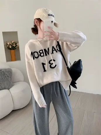 宽松字母连帽套头针织衫女2023年新款秋冬学院风百搭软糯毛衣外套商品大图