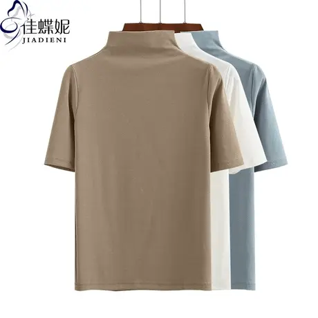 春秋新款韩半高领纯棉纯色修身显瘦中袖体恤上衣内搭女打底衫半袖商品大图