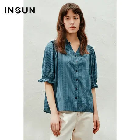 INSUN恩裳线上专选夏季V领宽松五分袖棉质衬衫商品大图
