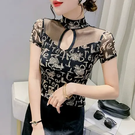 性感网纱短袖T恤女2024夏装新款欧货镂空上衣半袖印花洋气小衫潮图片