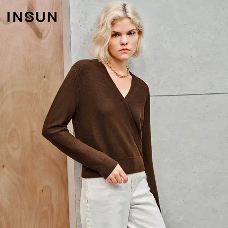 INSUN恩裳线上专选秋季羊毛斜门襟交叉领针织衫商品大图