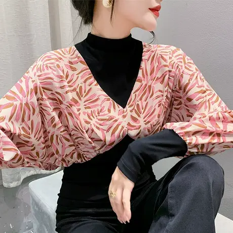 设计感假两件拼接T恤女长袖气质减龄撞色半高领上衣洋气修身小衫商品大图