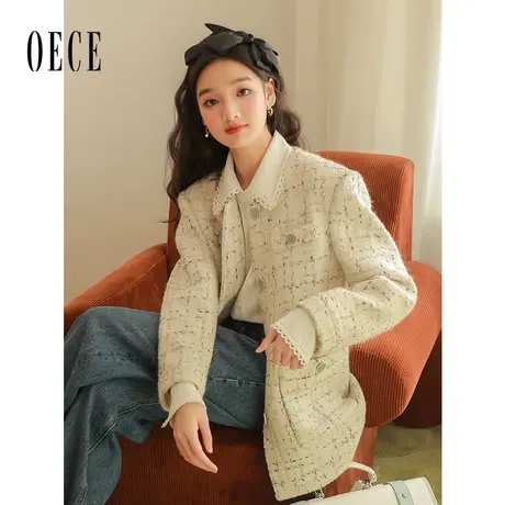 Oece优雅小香风外套冬季新款高级感毛呢大衣女图片