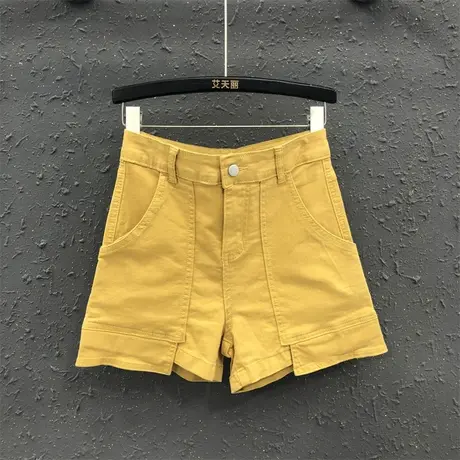 网红时尚柠檬黄牛仔短裤女夏2023新品小众工装阔腿裤高腰显瘦热裤商品大图