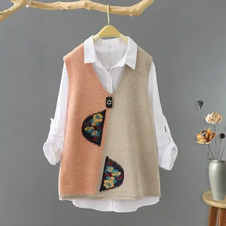 2024秋装新款文艺拼色撞色针织马夹女背心宽松V领套头毛坎肩毛衣商品大图