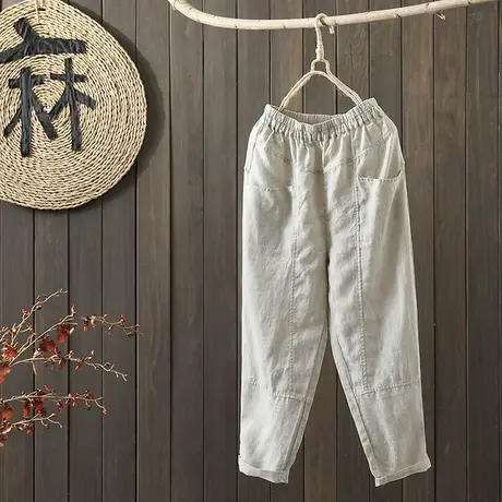 枫谜2021年夏季新款文艺简约大口袋棉麻长裤女宽松薄款亚麻哈伦裤图片