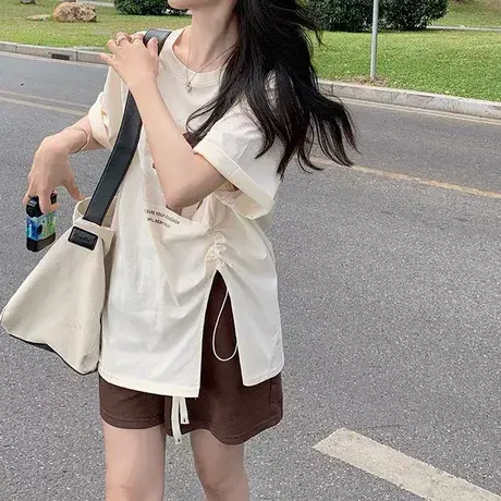 2024夏季新款纯棉短袖t恤女宽松韩版中长款不规则开叉半袖上衣潮商品大图