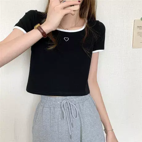 欧货百搭撞色方领短袖T恤女2024夏新款修身弧形下摆体恤小衫上衣商品大图