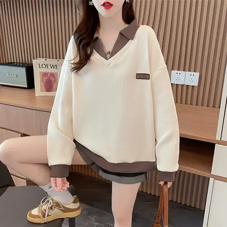 早秋装卫衣女春秋季韩版宽松薄款翻领polo衫华夫格假两件上衣外套图片