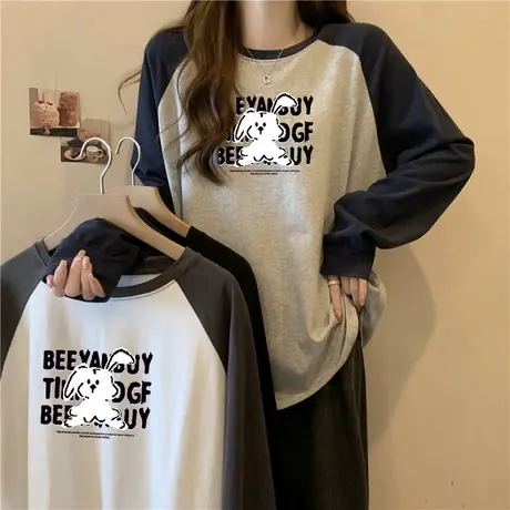 童趣风撞色插肩长袖T恤女秋冬装宽松加绒加厚内搭德绒打底衫上衣商品大图