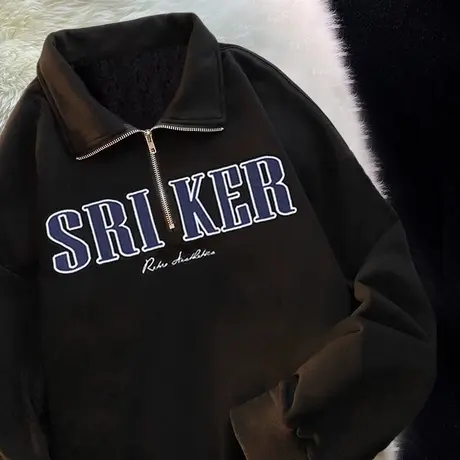 vintage半拉链Polo领卫衣女胖mm大码秋冬加绒ins潮牌爆款洋气上衣图片