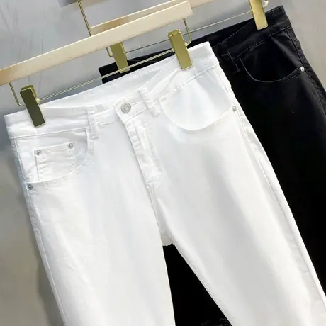 春秋季白黑色牛仔裤一字破洞裤男士潮流韩版修身水汽九分小脚长裤图片