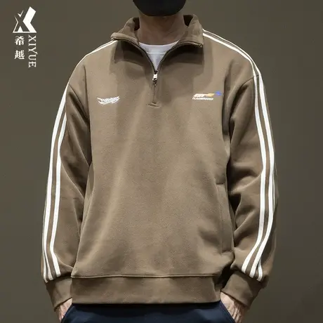 希越重磅双面棉卫衣男宽松大码美式运动风刺绣上衣秋冬半拉链长袖商品大图