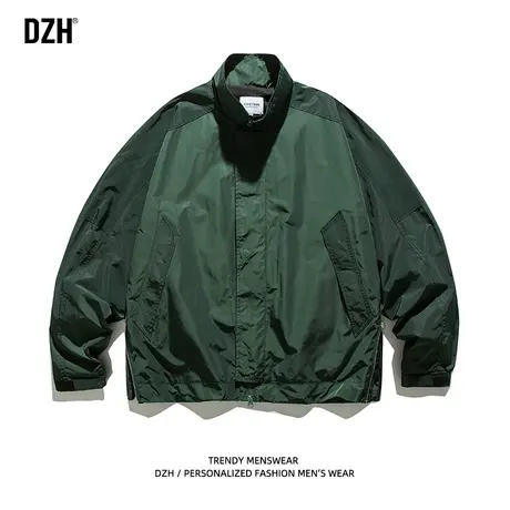 男士墨绿色外套男春秋款潮牌男装2023新款立领夹克宽松衣服飞行服商品大图