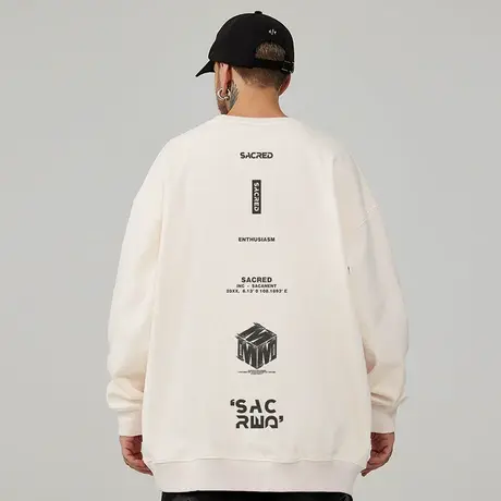 美式嘻哈港风圆领卫衣男生潮牌胖子潮流大码男装春秋冬款加绒外套商品大图