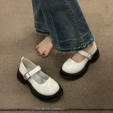 粗高跟厚底玛丽珍鞋女2023年夏季新黑色圆头甜酷法式日系小皮鞋子图片