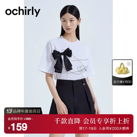 【首降】欧时力 纯棉短袖t恤女2023新款夏装上衣印花蝴蝶结休闲商品大图