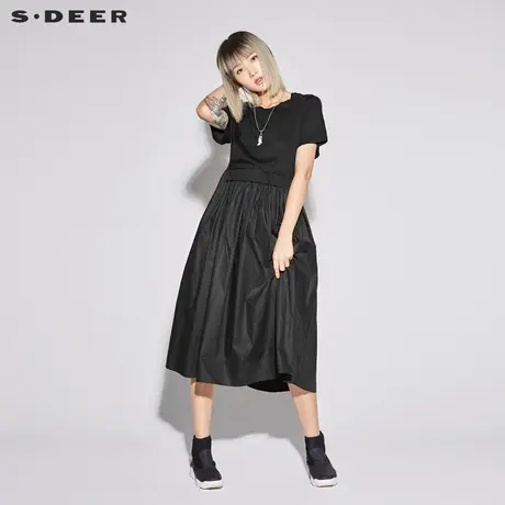 sdeer圣迪奥2019夏装新款褶裥拼接短袖长款大摆连衣裙女S18281265图片