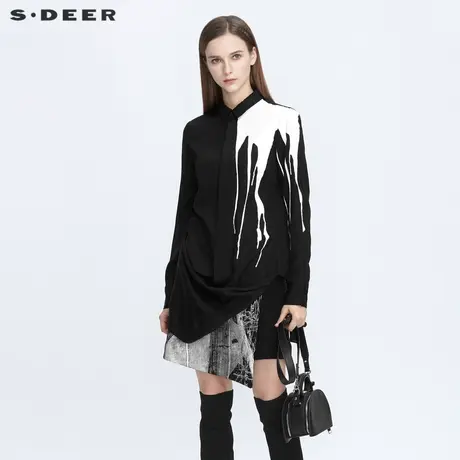 sdeer圣迪奥女装翻领黑白撞色印花拼接不规则长袖衬衫S20480510图片