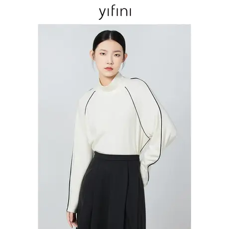 Yifini/易菲设计感撞色线条暖绒针织衫女冬季新款保暖打底衫商品大图