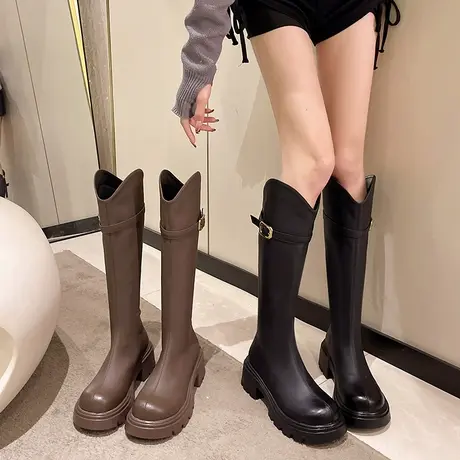 长筒靴女2023秋冬新款复古英伦风v口不过膝靴百搭高跟粗跟骑士靴图片