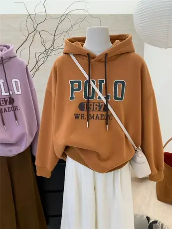 2024年新款美式复古加绒加厚宽松慵懒连帽卫衣女冬季字母印花外套商品大图