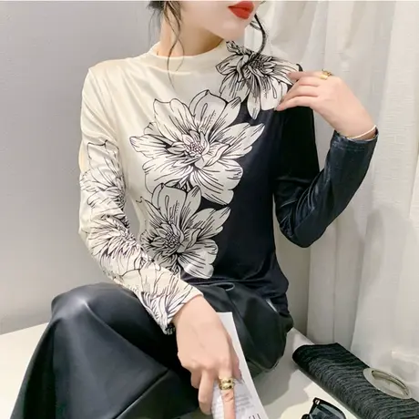 时尚秋冬新款气质半高领打底衫女长袖金丝绒上衣内塔修身显瘦T恤图片