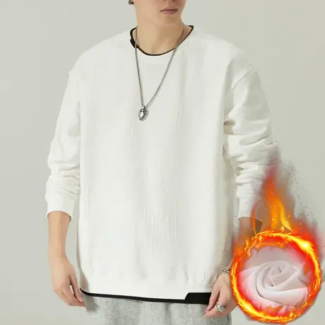 男士冬季痞帅假两件重磅白色圆领卫衣秋冬款内搭加绒休闲长袖上衣图片