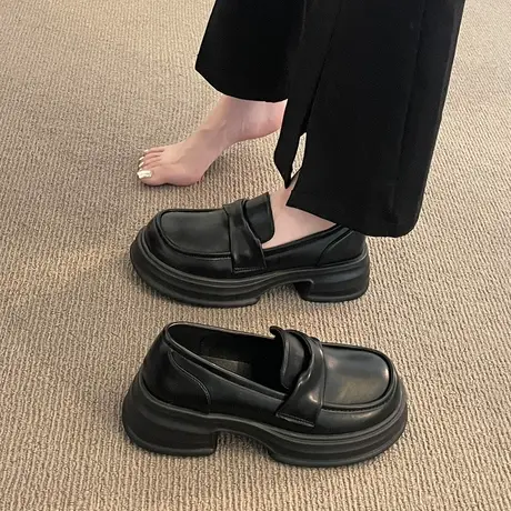 厚底乐福鞋女2024年春季新款百搭单鞋英伦风小皮鞋中跟粗跟女鞋子商品大图