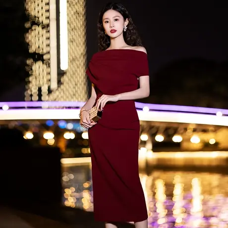 小个子晚礼服女气质高端大牌平时可穿一字肩高级感宴会修身连衣裙商品大图