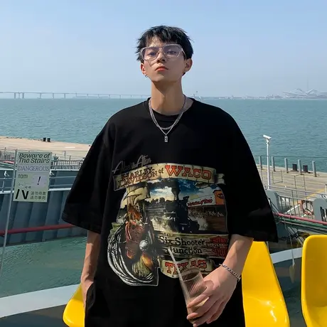 美式复古印花t恤男夏季高街百搭短袖情侣潮牌ins宽松圆领落肩半袖商品大图