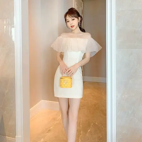 一字肩连衣裙女夏锁骨法式复古欧根纱拼接修身包臀礼服裙平时可穿图片