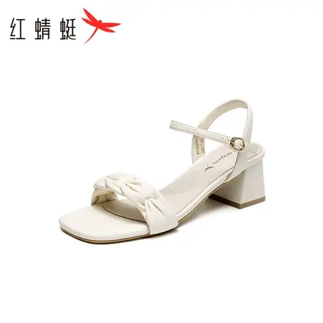 红蜻蜓粗跟一字带凉鞋2023夏季新款女鞋蝴蝶结时装凉鞋通勤高跟鞋商品大图