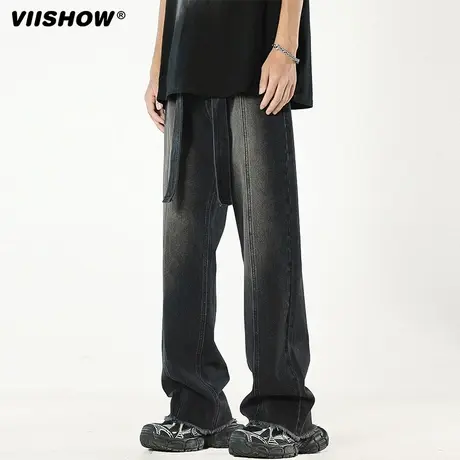 VIISHOW裤子男款高街潮牌弹力黑色牛仔裤修身窄版显瘦美式直筒裤图片