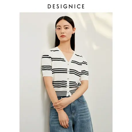 迪赛尼斯2024年春季新款通勤风简约条纹短袖开衫V领毛针织衫女图片