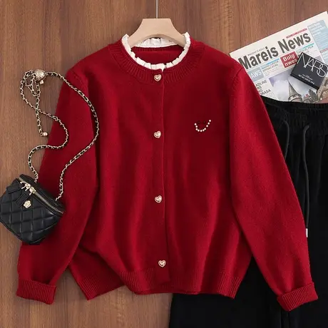 23190新款圆领小香风纯色花边拼接针织衫长袖开衫外套毛衣女士商品大图