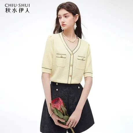 秋水伊人气质小香风V领针织衫2024年初春新款女时尚减龄短袖上衣图片