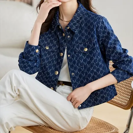 【2月25日春新品】简约时尚POLO领长袖百搭外套宽松休闲格上衣图片