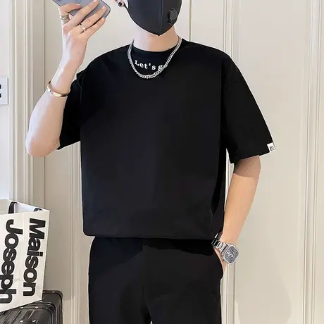 夏季短袖T恤男潮牌简约休闲字母半袖上衣圆领轻熟百搭五分袖体恤商品大图