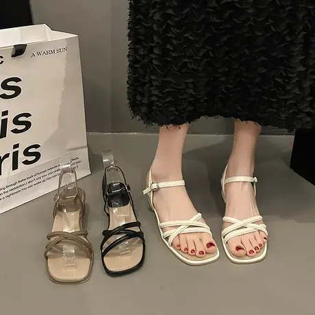 凉鞋女仙女风2024年新款夏季小众百搭粗跟一字扣带方头露趾高跟鞋商品大图