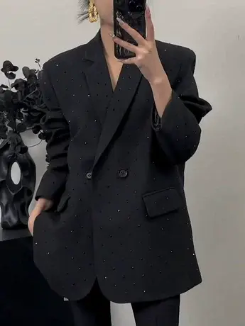 镶钻西装外套女重工高级感2024新款阔版中长款亮闪黑色小西服上衣商品大图