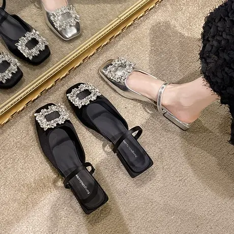 气质水钻法式包头凉鞋晚风粗跟单鞋银色凉拖女鞋2024春新款晚晚鞋商品大图