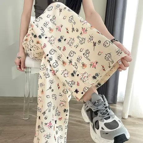 慵懒风阔腿休闲裤女春夏款高腰抽绳印花宽松直筒显瘦垂坠感拖地裤商品大图