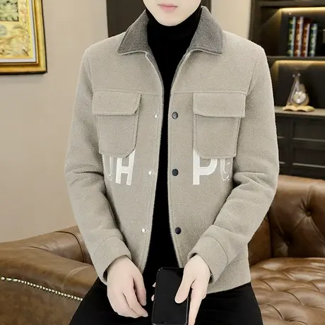 冬季加厚夹克男士保暖貂绒男装青年短款潮流休闲毛呢外套帅气冬装商品大图