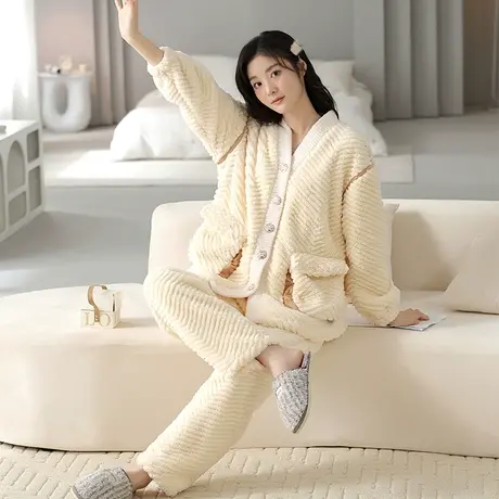 南极人睡衣女士秋冬季珊瑚绒加绒加厚法兰绒家居服套装可爱款冬天图片