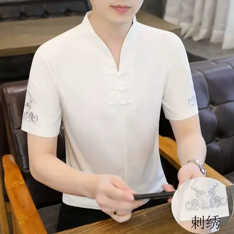 夏季唐装男短袖t恤中国风盘扣衬衫汉服宽松大码汉服棉麻民族风图片