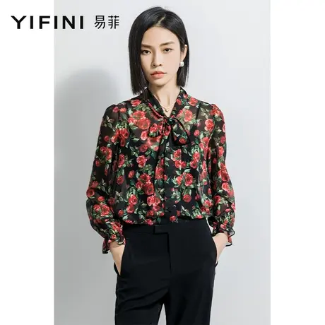 Yifini/易菲宽松大飘带衬衫女2023春秋新款印花宽松上衣休闲衬衣商品大图