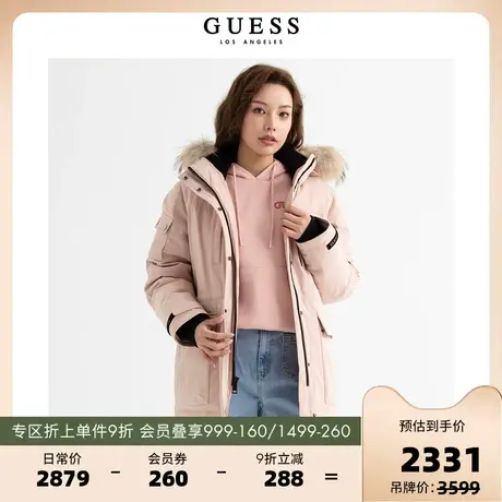 GUESS23 新冬女士三防貉子毛领派克旅游中长款羽绒服-W3PL99W55R0图片