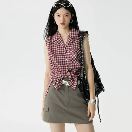 omont蛋挞家 古巴领无袖条纹衬衫女夏季2023新款复古宽松衬衣上衣图片