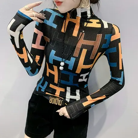半高领打底衫女长袖春秋2023新款时尚印花网纱T恤紧身内搭上衣潮商品大图
